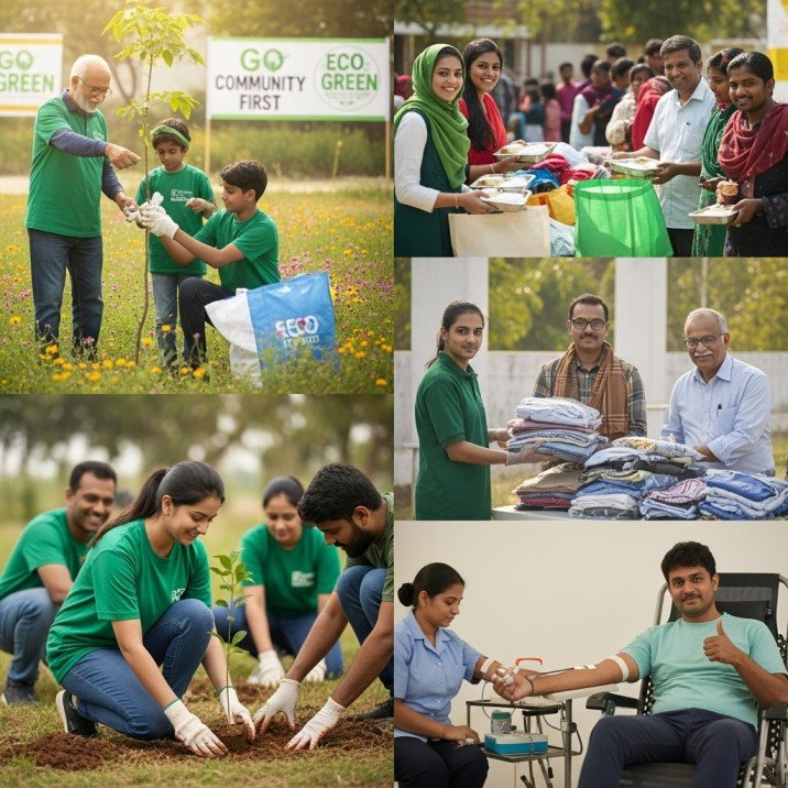 Volunteers planting trees and distributing clothes